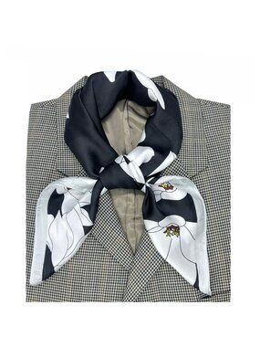 Luxurious Chic Silky Square Scarf Soft Black White Magnolia Floral Print Bandana